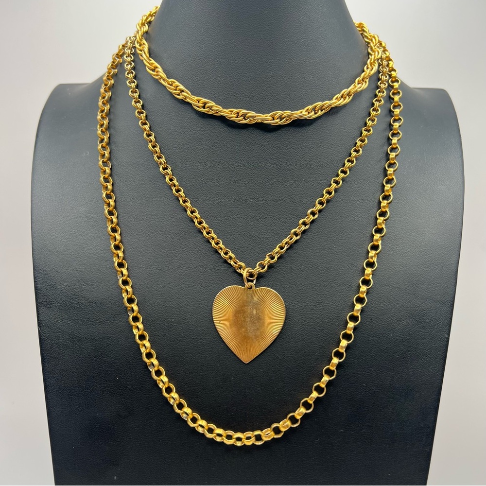 Midcentury Modern Gold Tone Multistrand Chain Necklace with Heart Pendant